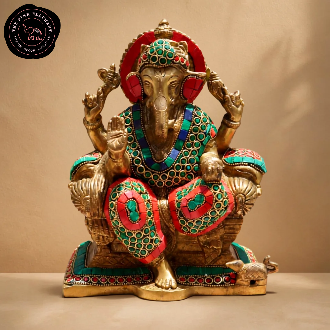 Brass Ganesh Statue with Decorative Stones Large