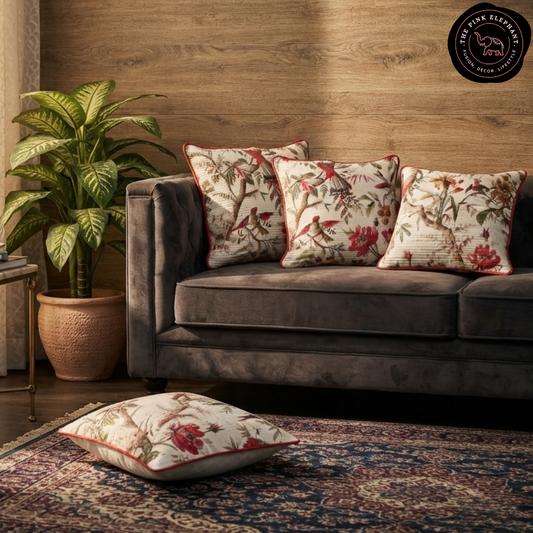 Crimson Blossom & Bird Tapestry Cushion Cover-24''