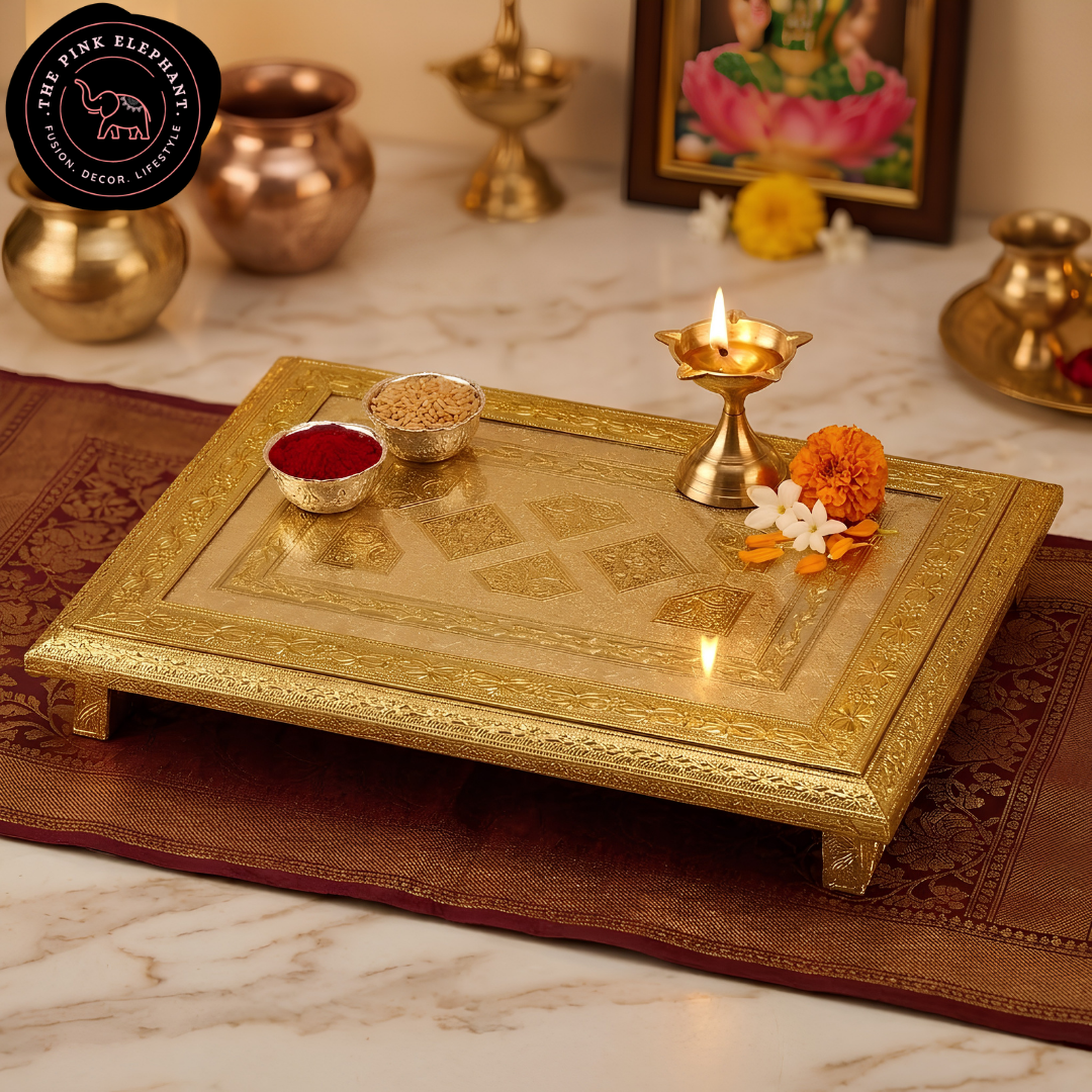Patla Golden Mina Puja Table Chowki 15"x21"