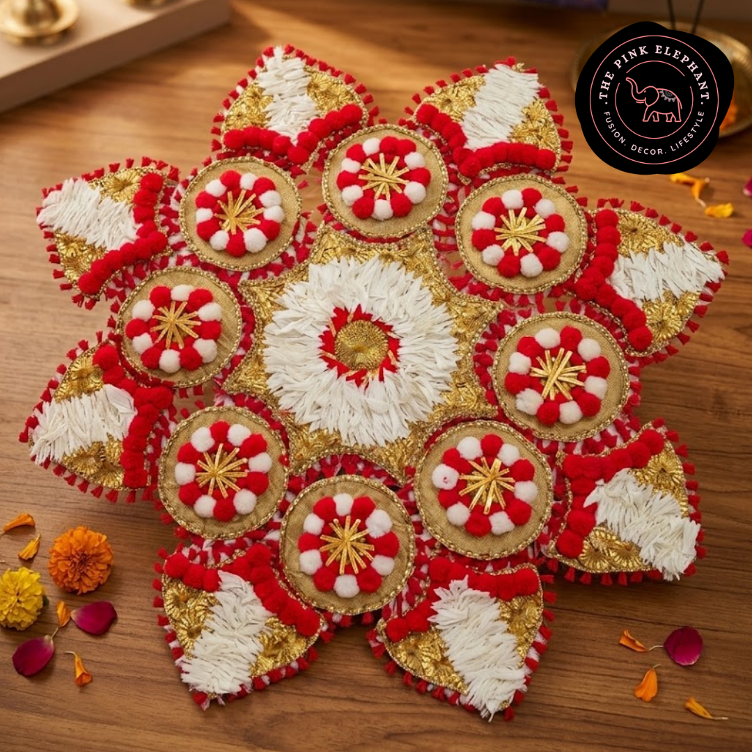 Red and White Pom Pom Rangoli Set