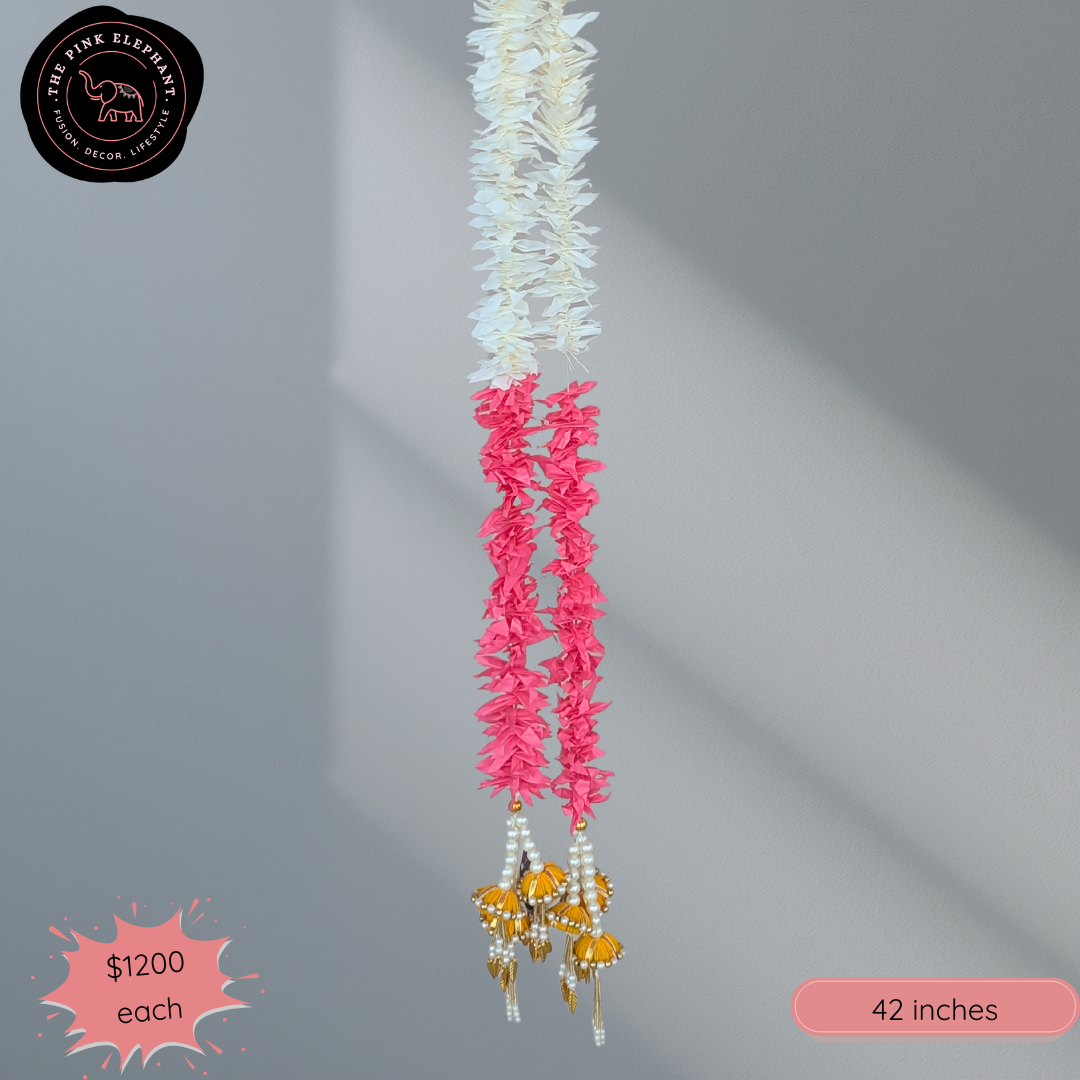 Decorative Jasmine Hanging with Cap Tassels (pink and white with yellow cap tassel)