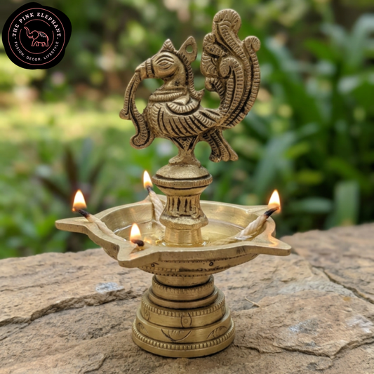 Brass 5 Wick Peacock Diya