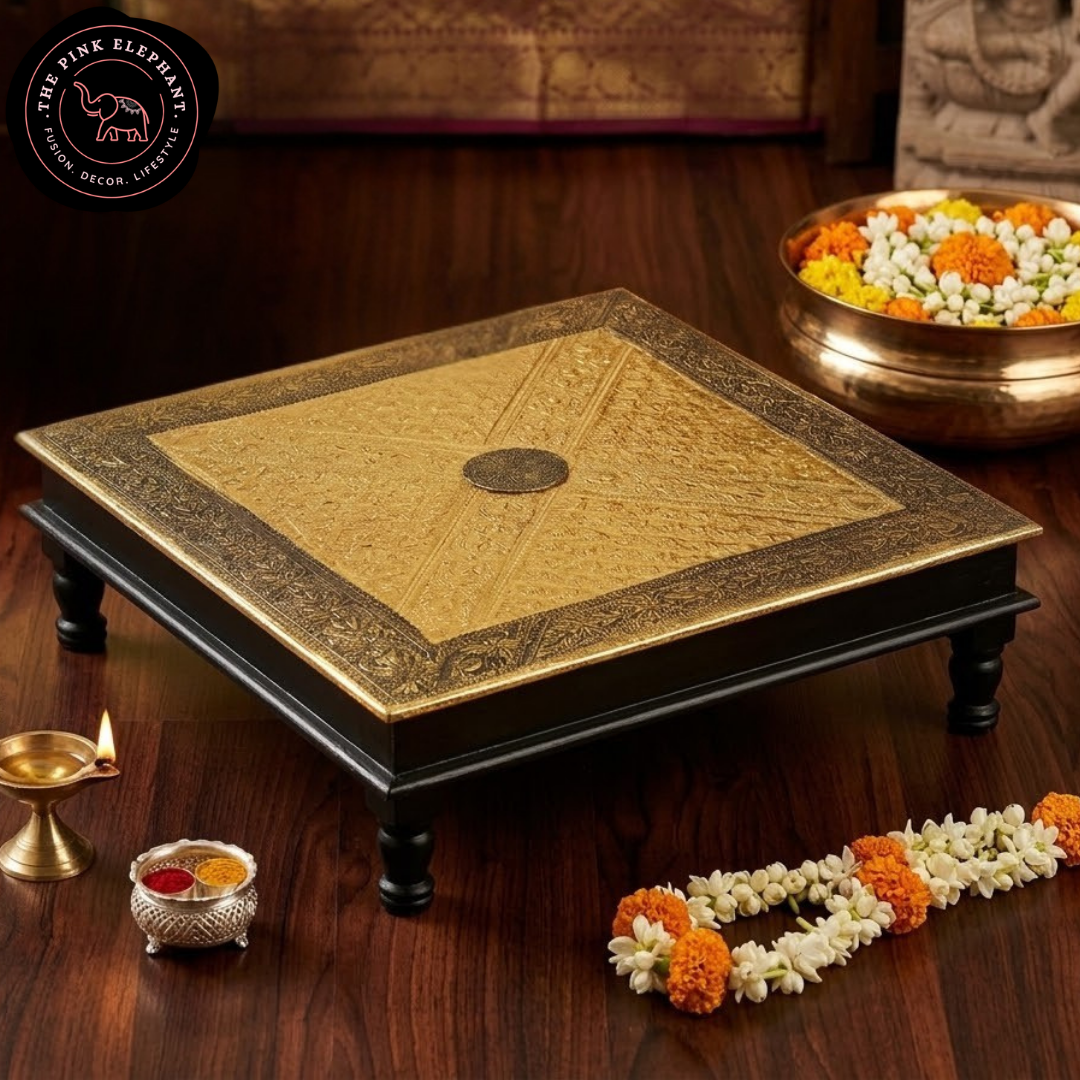 Dark Brass Wooden Puja Table Chowki 24" - mandala