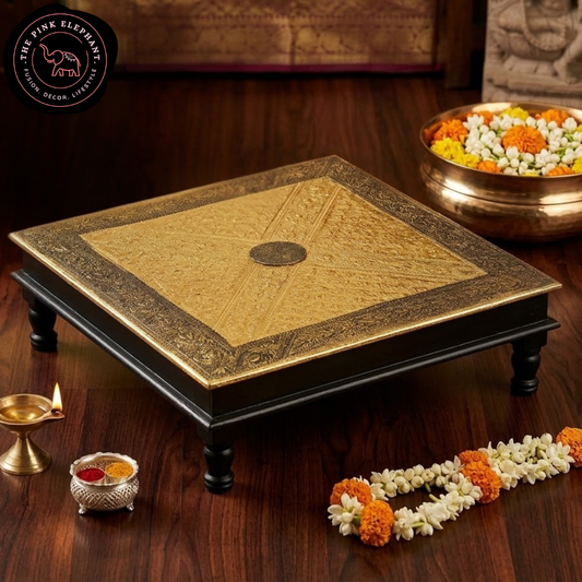 Dark Brass Wooden Puja Table Chowki 24" - mandala