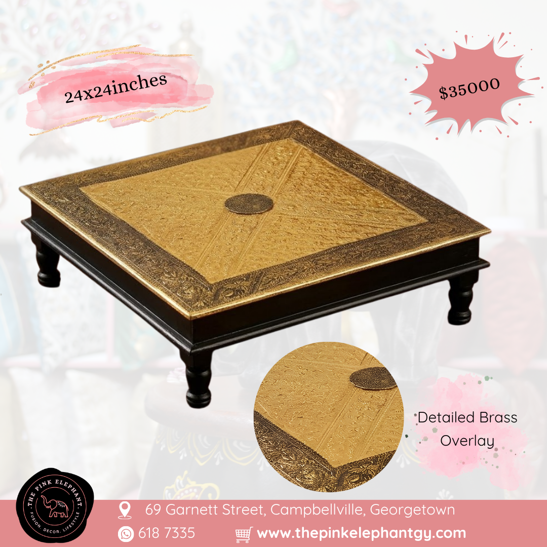 Dark Brass Wooden Puja Table Chowki 24" - mandala