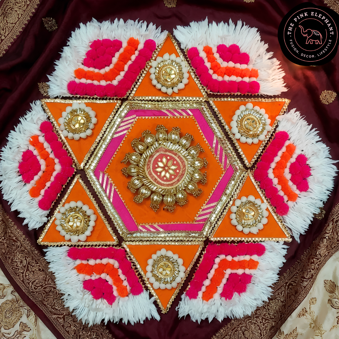 White Orange and Pink Pom Pom Rangoli Set