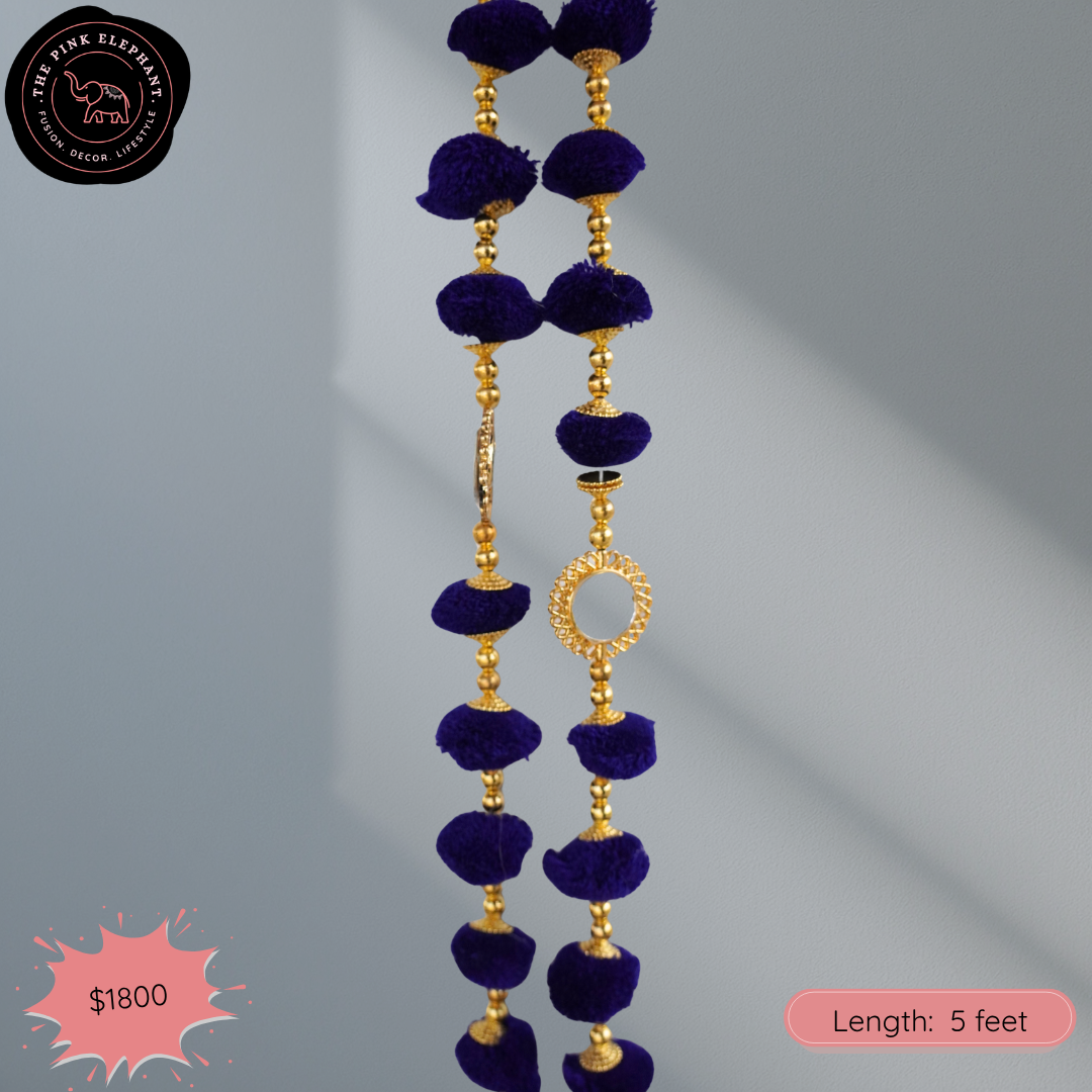 Pompom, Beads & Mirror Decorative Hanging- Blues 5ft