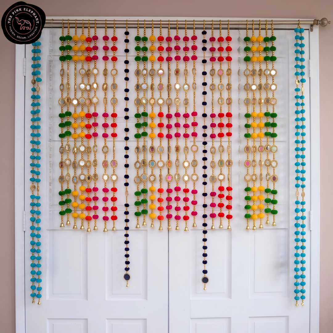 Pompom, Beads & Mirror Decorative Hanging - Assorted Colours 40"