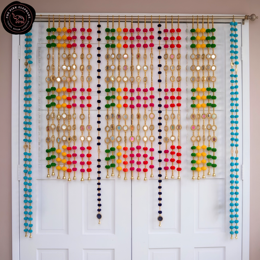 Pompom, Beads & Mirror Decorative Hanging - Assorted Colours 40"